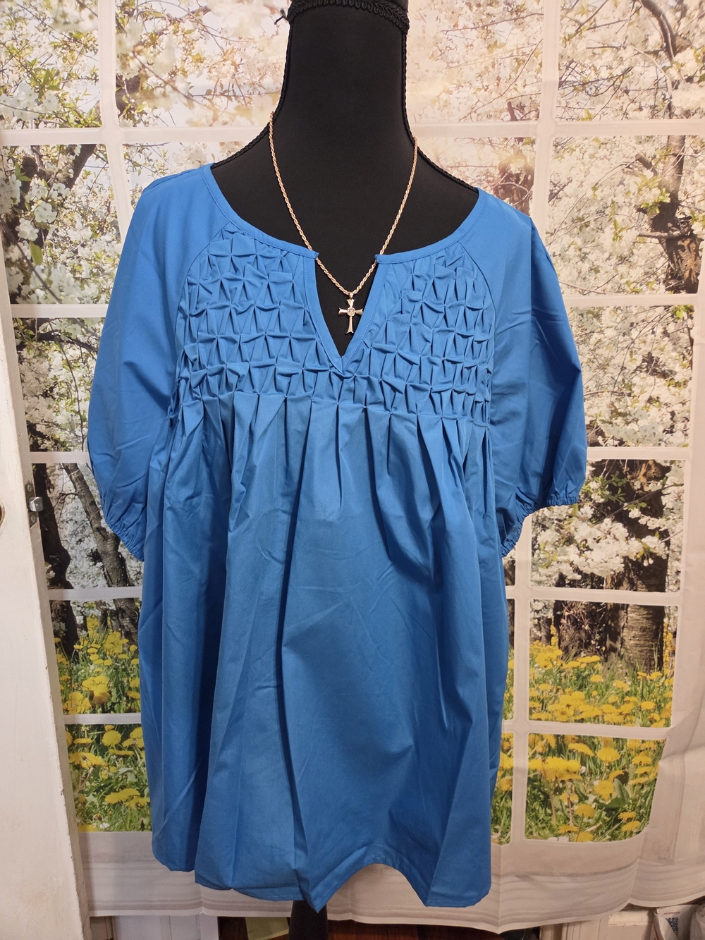 She + Sky Blue Pleated Yoke Cotton Blouse